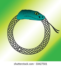 Abstract colorful illustration with snake swallowing its own tail. Ouroboros concept