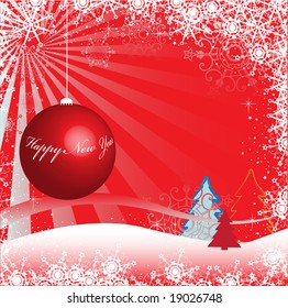 Abstract colorful illustration with snow flakes, colored fir trees and red ball for the winter season