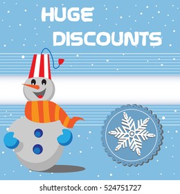 Abstract colorful illustration with snowflake symbol, happy snowman and the text huge discounts written in white