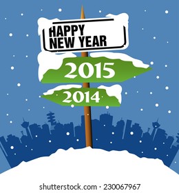 Abstract colorful illustration with a snowy signpost with the text Happy New Year and two green arrows with the years 2014 and 2015 written on each arrow and showing opposite directions