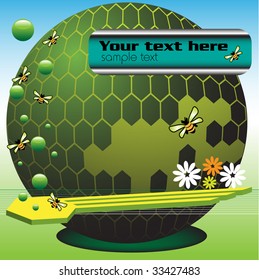 Abstract colorful illustration with spherical honeycomb, bees, green bubbles and small flowers