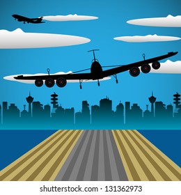 Abstract colorful illustration with takeoff airplane and a sky with allot of clouds. Takeoff concept