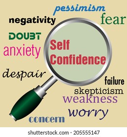 Abstract colorful illustration with the text self confidence written in red under a magnifying glass