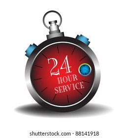 Abstract colorful illustration with the text twenty four hour service written inside of a red stopwatch isolated on a white background