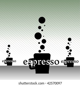 Abstract colorful illustration with three espresso cups with hot coffee. Espresso coffee concept