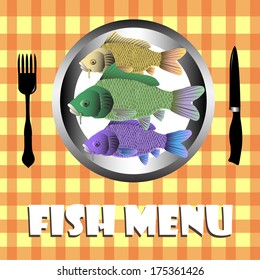 Abstract colorful illustration with three fish on a plate. Fish menu concept