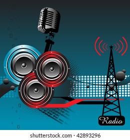Abstract colorful illustration with three loudspeakers and microphone. Radio theme