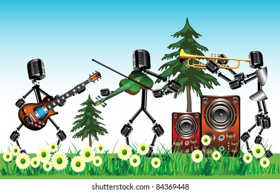 Abstract colorful illustration with three people made from microphones playing at electric guitar, violin and trumpet somewhere on a meadow in nature. Concert theme