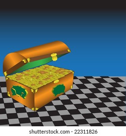 Abstract colorful illustration with treasure chest filled with golden coins