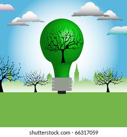 Abstract colorful illustration with a tree inside of a huge green bulb standing in the middle of a field. Energy theme