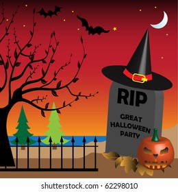 Abstract colorful illustration with tree silhouette, bats and Halloween pumpkin near a gravestone on which is written great Halloween party