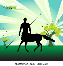 Abstract colorful illustration with trees, small insects, birds, clouds and a black centaur silhouette with a spear in his hand