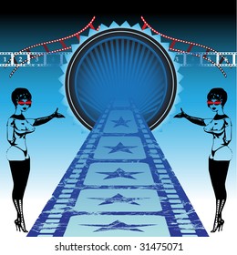 Abstract colorful illustration with two attractive women inviting people to movies