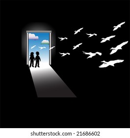 Abstract colorful illustration with two children standing in front of a door and watching white bird silhouettes flying in from outside