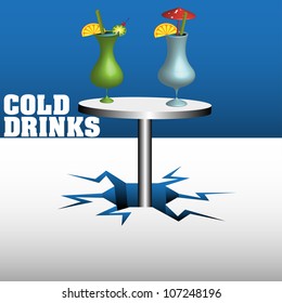 Abstract colorful illustration with two cold cocktails standing on a table coming out from an ice crack. Cold drinks concept