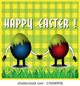 Abstract colorful illustration with two Easter eggs holding hands. Easter greeting theme