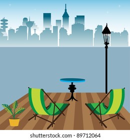 Abstract colorful illustration with two extensible chairs, a small table and a beautiful cityscape