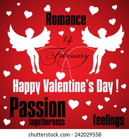 Abstract colorful illustration with two flying cupids and many white hearts on a red background. Valentine's Day theme