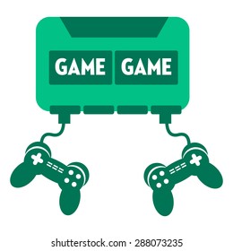 Abstract colorful illustration with two game console controllers connected to a video game