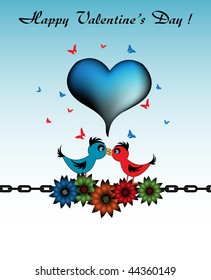 Abstract colorful illustration with two love birds standing on a chain with flowers and kissing. Valentine's Day concept