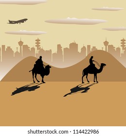 Abstract colorful illustration with two people crossing the desert on camels