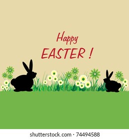 Abstract colorful illustration with two rabbits standing in grass among flowers and the text Happy Easter written in the middle of the image. Easter concept