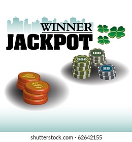 Abstract colorful illustration with various coins representing large money amounts gathered in a huge lottery jackpot. Jackpot winner concept