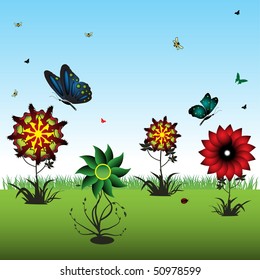 Abstract colorful illustration with various colored flowers and beautiful butterflies