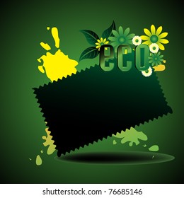 Abstract colorful illustration with various flowers, green leaves and the word eco written with green letters. Ecology concept