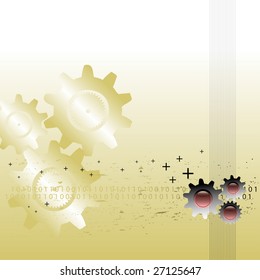 Abstract colorful illustration with various gears, binary numbers and small plus symbols