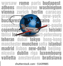 Abstract colorful illustration with various large city names written in the background, blue globe and passenger plane. Travelling plane