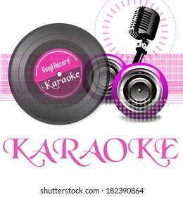 Abstract colorful illustration with vinyl record, old microphone, loudspeakers and the word karaoke written with pink letters