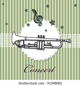 Abstract colorful illustration with a white trumpet, green stars, musical note and the text concert written below. Concert theme