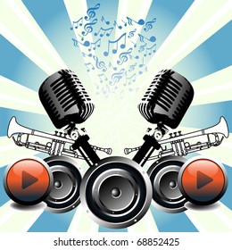 Abstract colorful illustration with white trumpets, loudspeakers, ancient microphones, orange play buttons and musical notes coming out to the surface