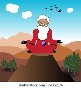 Abstract colorful illustration with a wise old guru meditating in silence from the top of a mountain
