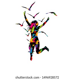 Abstract colorful illustration of a woman jumping and birds flying