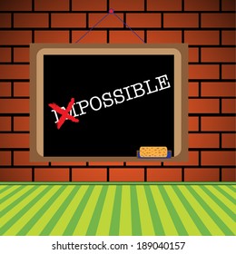Abstract colorful illustration with the word impossible corrected to possible by crossing the first two letters with red chalk