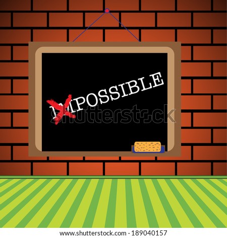 Abstract colorful illustration with the word impossible corrected to possible by crossing the first two letters with red chalk