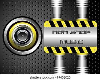 Abstract colorful illustration with a yellow loudspeaker on a metallic background with small holes. Non stop music concept