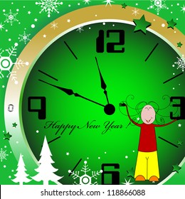 Abstract colorful illustration with a young girl near a clock, just a few minutes before the New Year