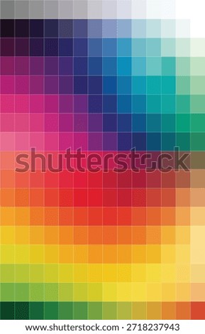 An abstract, colorful image displays a comprehensive digital color palette chart, systematically arranged in a grid format. The chart features a wide spectrum of hues, including blues, purples, magentas, reds, oranges, yellows, and greens. The colors transition smoothly, showcasing variations in shade, lightness, and saturation. Each small square in the grid represents a specific color value, making it an ideal reference tool for artists, graphic designers, and web developers looking to select colors for projects and understand color theory.