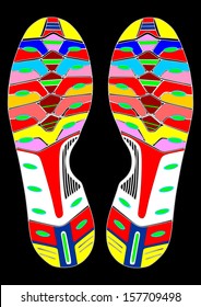 Abstract colorful imprint soles shoes vector isolated on black background.