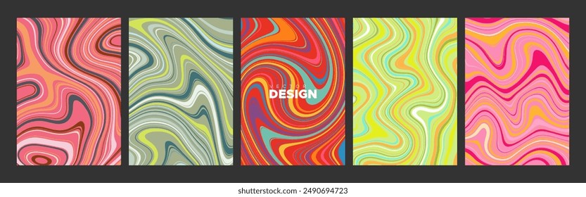 Abstract colorful interior posters set. Vector illustration of hand drawing liquid marbling shapes. Trendy modern print art. Vintage backgrounds