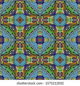 Abstract colorful intricate vector seamless pattern. Ornamental geometric greek ethnic background. Bright repeat tribal backdrop. Intricacy motley abstract shapes ornament with greek key meanders.