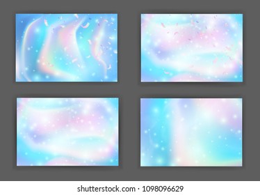 Abstract Colorful iridescent backgrounds set rectangular composition. Trendy cosmic gradient for design, brochure, flyer, poster design, banner. Holographic Abstract soft pastel colors backdrop. 