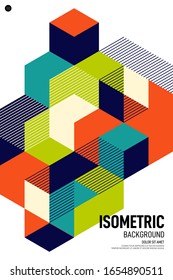 Abstract colorful isometric geometric shape layout poster background modern art style. Graphic design element for backdrop, publication, brochure, flyer, leaflet, vector illustration