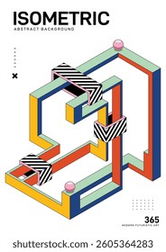 Abstract colorful isometric geometric shape modern futuristic art style isolated on white background. Can be used for backdrop, brochure, flyer, leaflet, wallpaper, vector illustration
