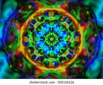 Abstract colorful kaleidoscope background. Circle mandala ornament, flower of life.