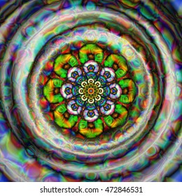 Abstract colorful kaleidoscope. Circle mandala ornament, flower of life. Vector graphic background