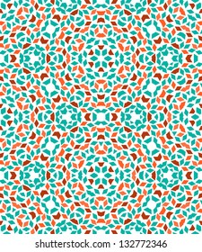 Abstract colorful kaleidoscope seamless pattern in blue and orange, vector